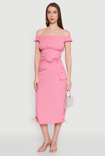 Womens Toggle Drawstring Hem Midi Cargo Skirt, Pink, Size M