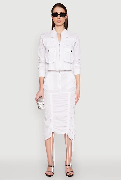 Womens High Waisted Grommet Detail Drawstring Skirt, White, Size M