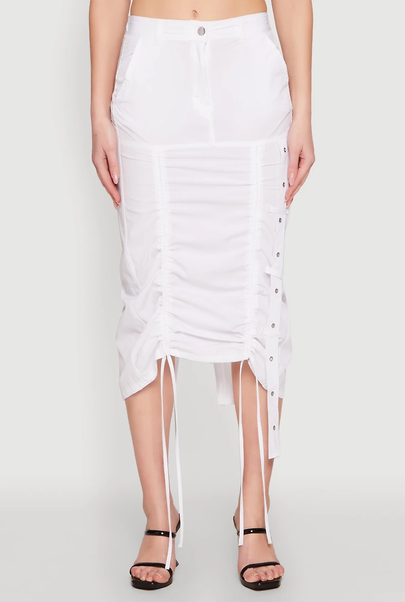 Womens High Waisted Grommet Detail Drawstring Skirt, White,