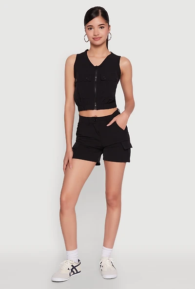 Womens Nylon Cargo Shorts, Black, Size L