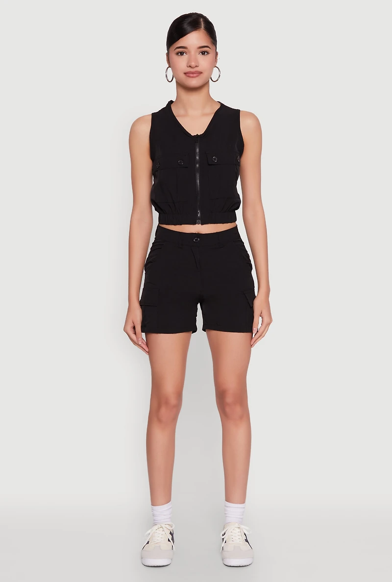 Womens Nylon Cargo Shorts, Black, Size L