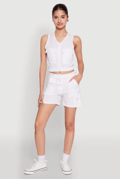 Womens Nylon Cargo Shorts, White, Size XL