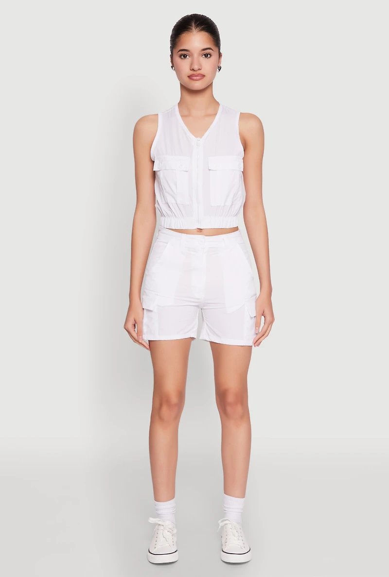 Womens Nylon Cargo Shorts, White, Size L