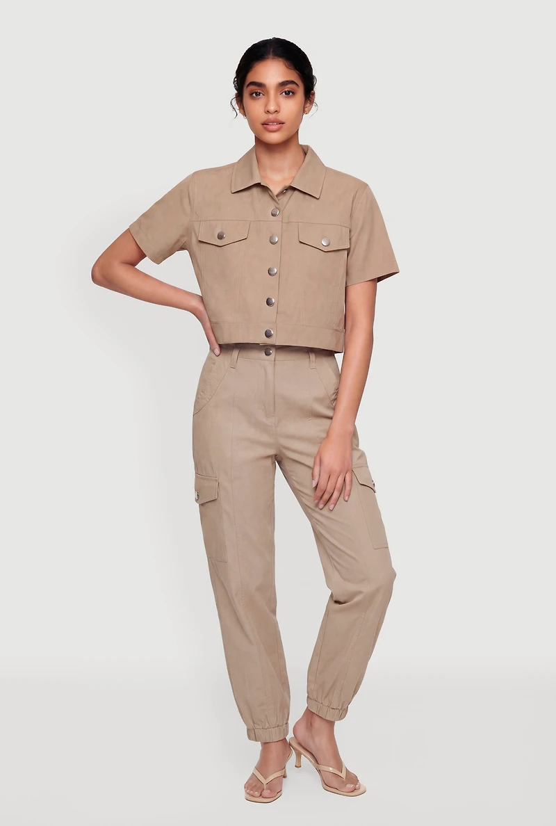 Nylon Short Sleeve Cropped Button Front Shirt
