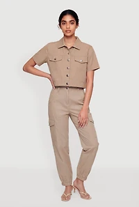 Nylon Short Sleeve Cropped Button Front Shirt