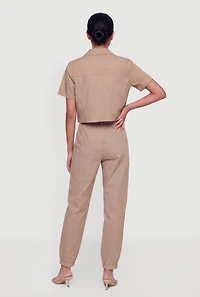 Nylon Short Sleeve Cropped Button Front Shirt