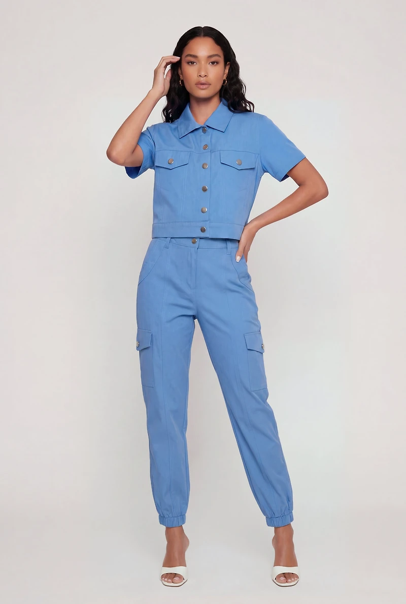Nylon Short Sleeve Cropped Button Front Shirt