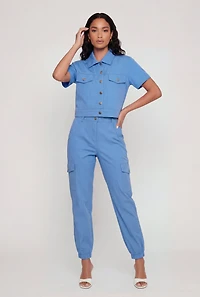 Nylon Short Sleeve Cropped Button Front Shirt