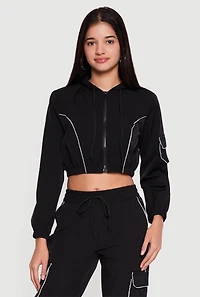 Nylon Cropped Zip Front Hooded Jacket