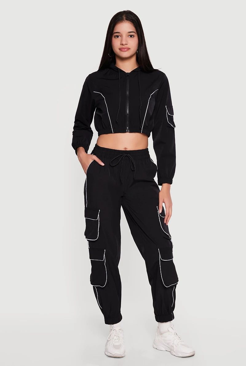 Nylon Cropped Zip Front Hooded Jacket