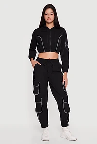 Nylon Cropped Zip Front Hooded Jacket