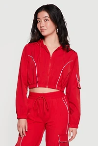 Nylon Cropped Zip Front Hooded Jacket