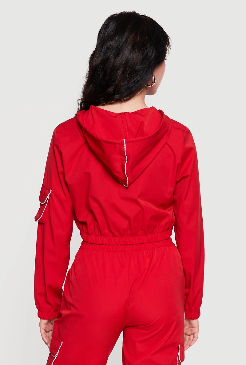 Nylon Cropped Zip Front Hooded Jacket