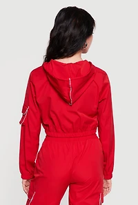 Nylon Cropped Zip Front Hooded Jacket
