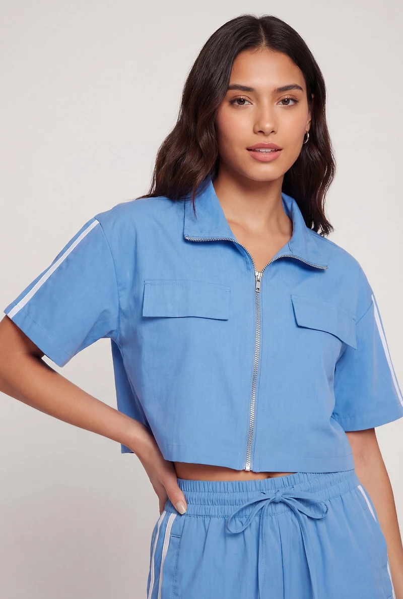 Nylon Zip Font Collar Crop Top