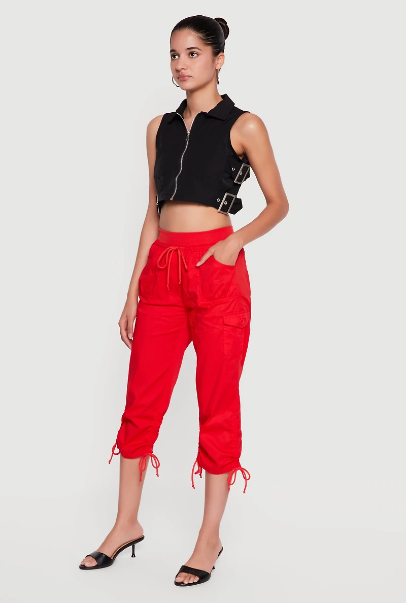 Buckle Detail Zip Front Cropped Cargo Vest