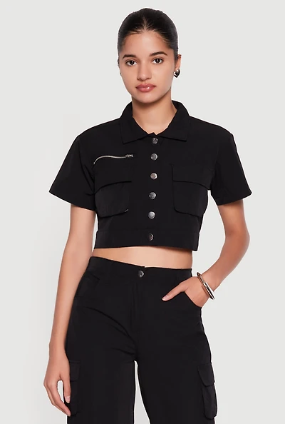 Zip Detail Cargo Pocket Crop Top