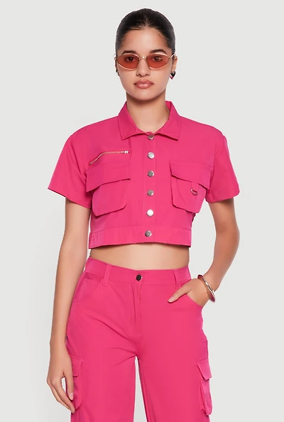 Zip Detail Cargo Pocket Crop Top