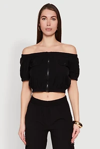 Puff Sleeve Zip Front Crop Top