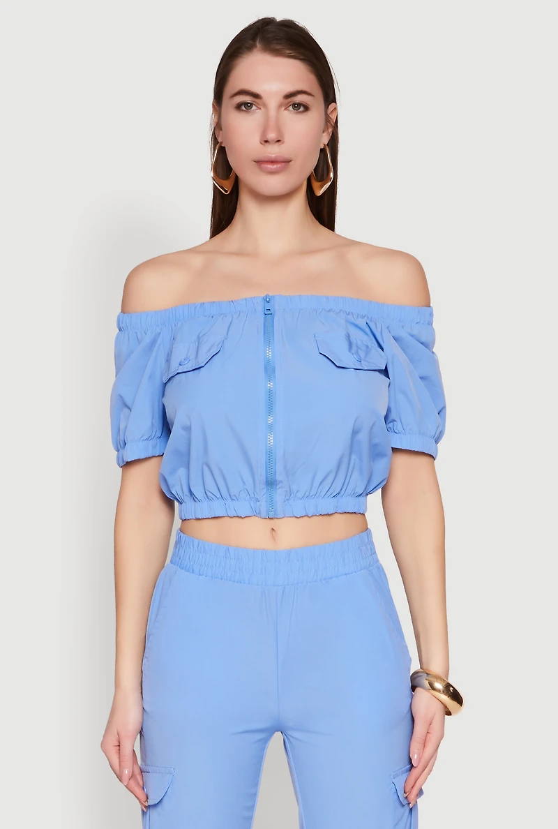 Puff Sleeve Zip Front Crop Top