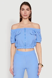 Puff Sleeve Zip Front Crop Top
