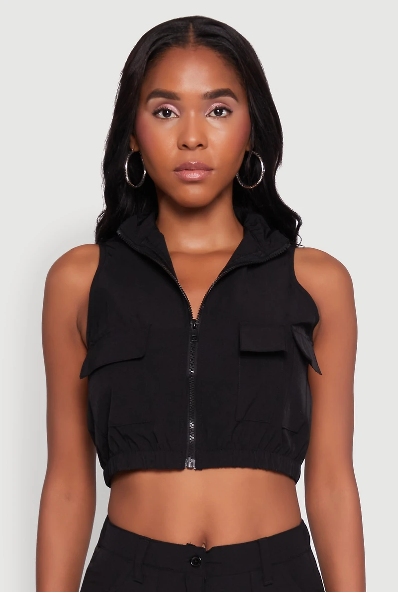 Womens Zip Front Cargo Pocket Windbreaker Vest, Black, Size L