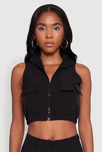 Womens Zip Front Cargo Pocket Windbreaker Vest, Black, Size L
