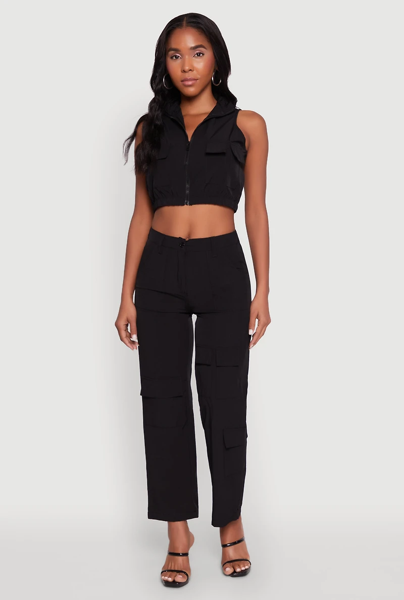 Womens Zip Front Cargo Pocket Windbreaker Vest, Black, Size L