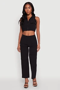 Womens Zip Front Cargo Pocket Windbreaker Vest, Black, Size L