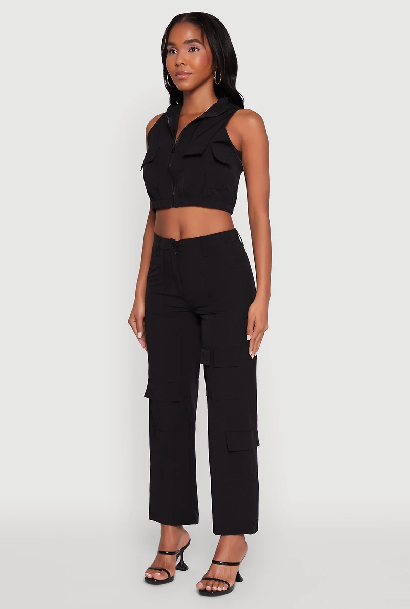 Womens Zip Front Cargo Pocket Windbreaker Vest, Black, Size L