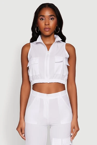 Womens Zip Front Cargo Pocket Windbreaker Vest, White,