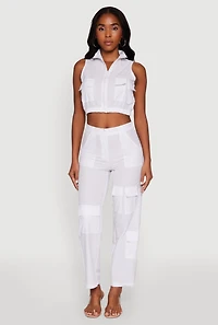 Womens Zip Front Cargo Pocket Windbreaker Vest, White,