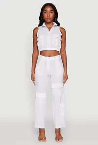 Womens Zip Front Cargo Pocket Windbreaker Vest, White,