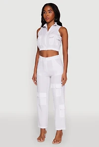 Womens Zip Front Cargo Pocket Windbreaker Vest, White,