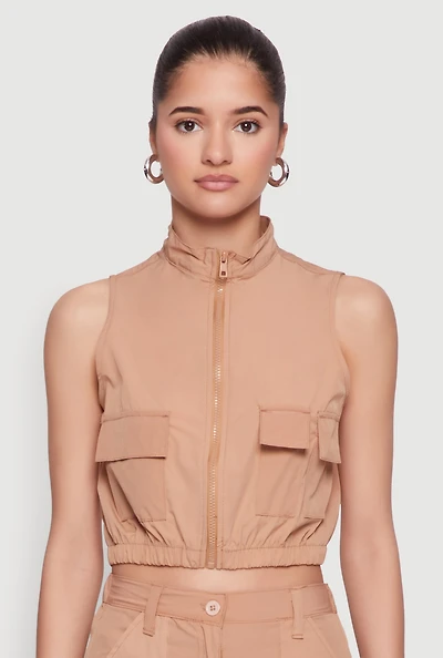 Womens Zip Front Cargo Pocket Windbreaker Vest,