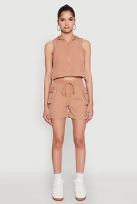 Womens Hooded Drawstring Hem Track Jacket, Beige, Size L
