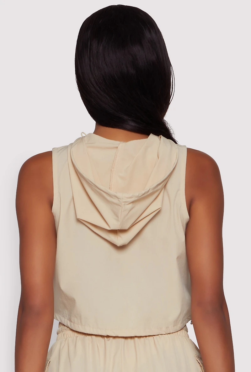 Womens Cropped Toggle Drawstring Hooded Vest, Khaki, Size M