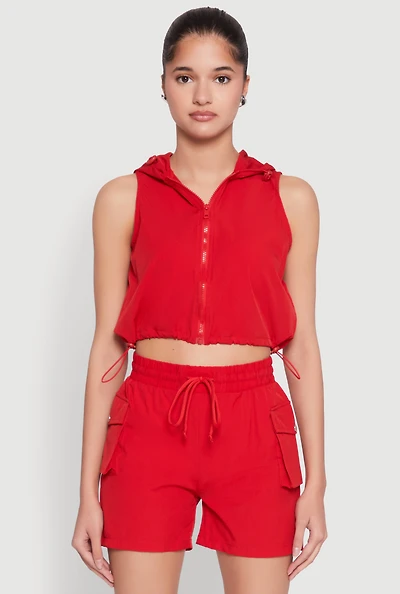 Womens Cropped Toggle Drawstring Hooded Vest,