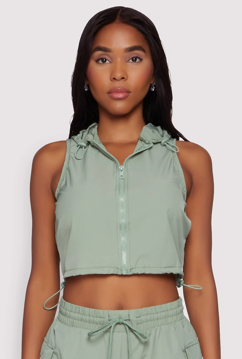 Womens Cropped Toggle Drawstring Hooded Vest, Green,