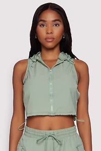 Womens Cropped Toggle Drawstring Hooded Vest, Green,