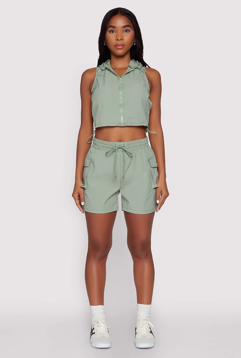 Womens Cropped Toggle Drawstring Hooded Vest, Green,