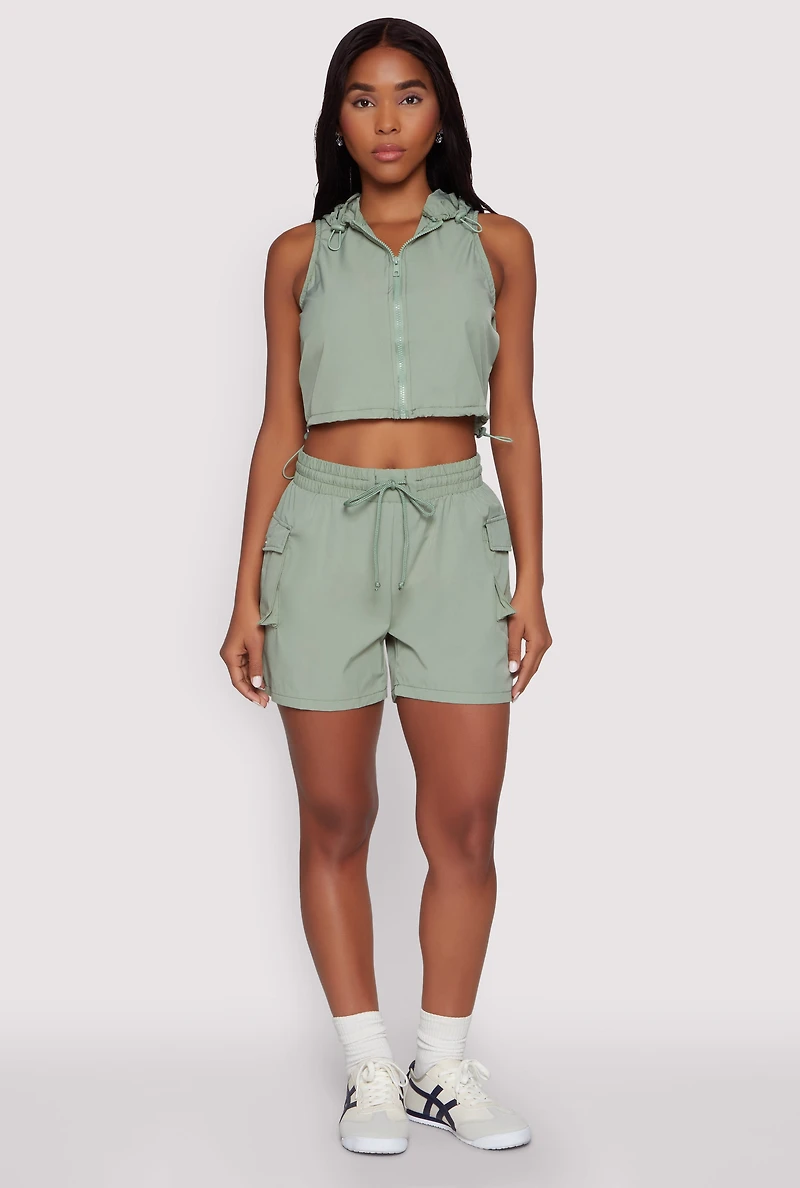 Womens Cropped Toggle Drawstring Hooded Vest, Green,