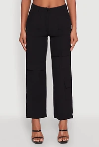 Womens High Waisted Nylon Cargo Pants, Black, Size L