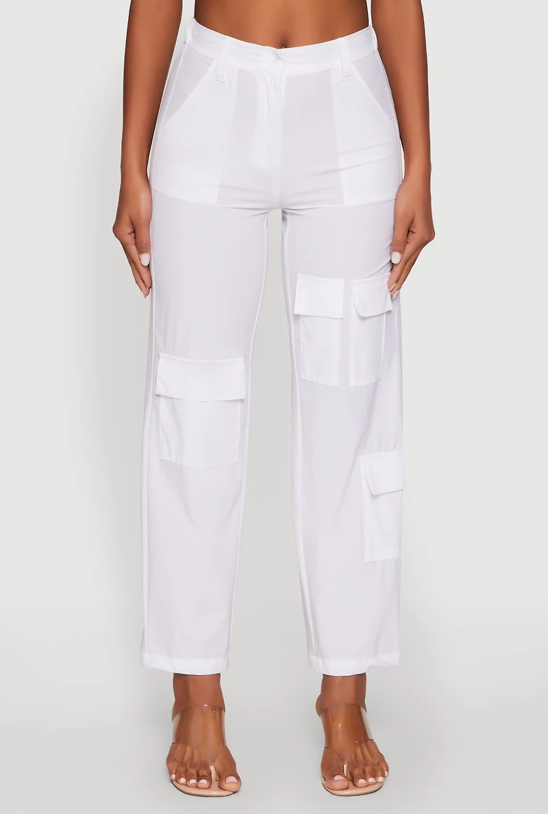 Womens High Waisted Nylon Cargo Pants, White, Size S