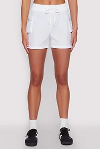 Womens Drawstring Waist Cargo Pocket Shorts, White, Size M