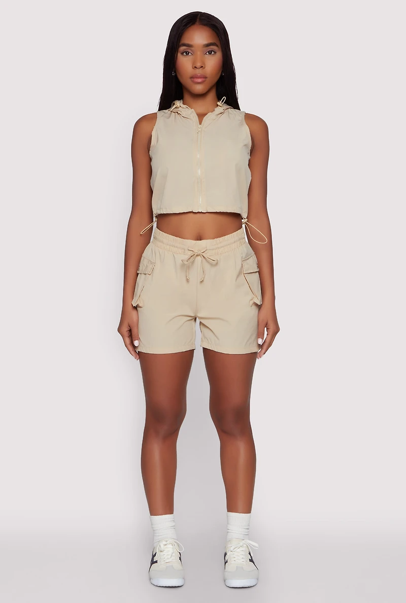 Womens Drawstring Waist Cargo Pocket Shorts,
