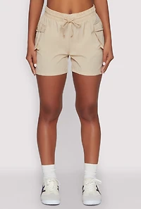 Womens Drawstring Waist Cargo Pocket Shorts, Khaki, Size S