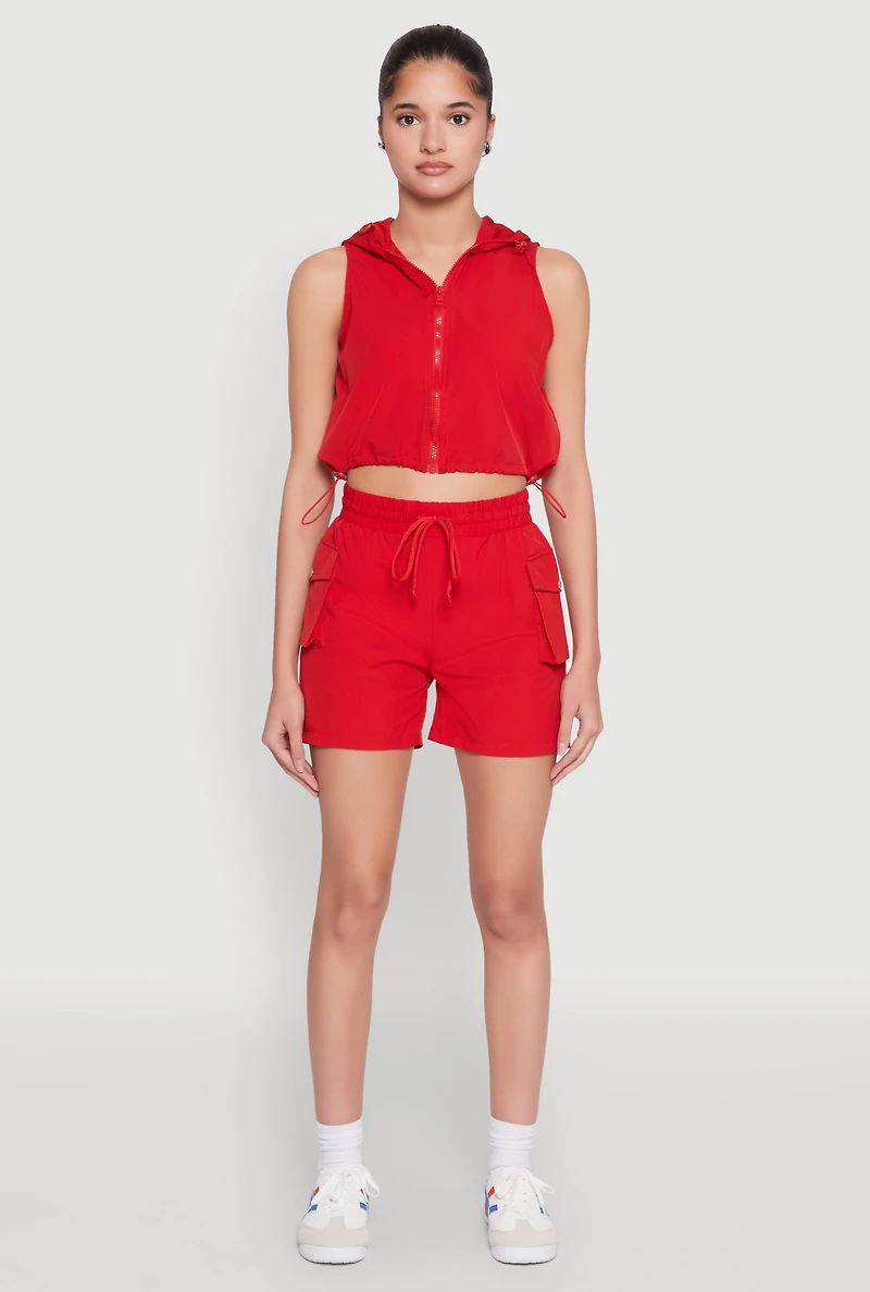Womens Drawstring Waist Cargo Pocket Shorts, Red, Size S