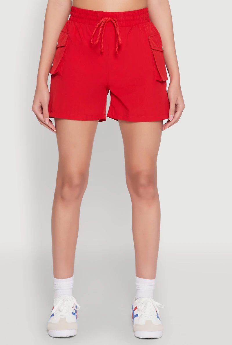 Womens Drawstring Waist Cargo Pocket Shorts, Red, Size S