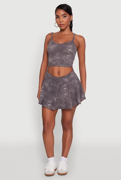 Womens Trendy Rib Knit Acid Wash Pleated Skort, Grey, Size XL